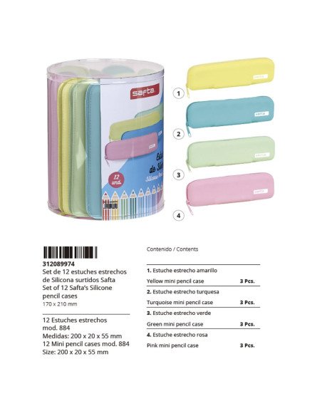Set 12 Portatodo Estrechos Silicona Surt. Safta | Reino Escolar: Mochilas y Regalos